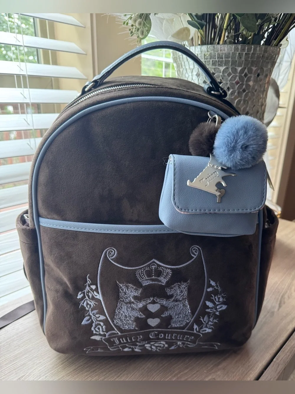 Juicy Couture Brown  Velour Backpack with Light Blue Charm Pouch